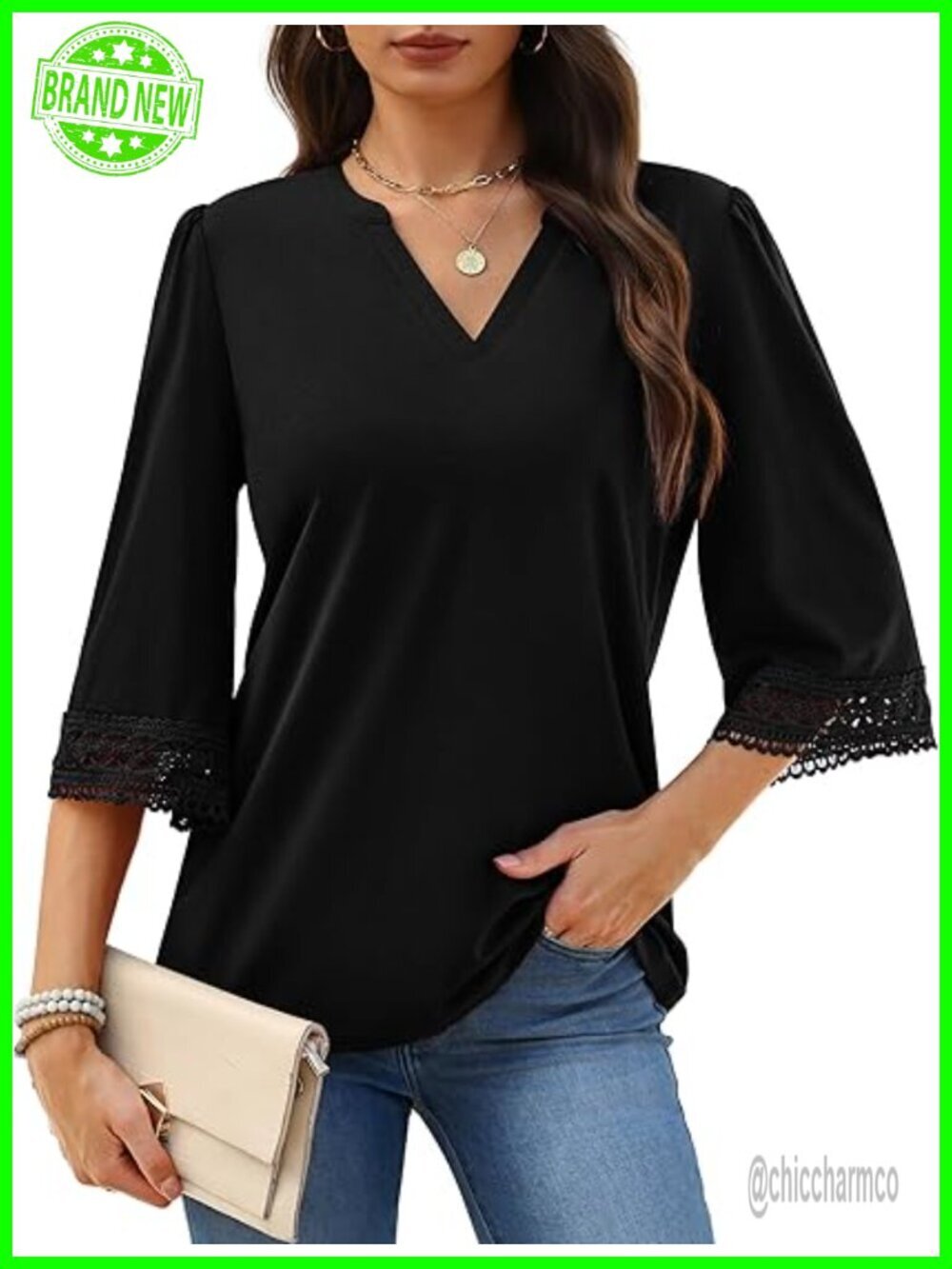 3/4 Sleeve V-Neck Tunic Cotton Blend Blouse Crochet Trim Lace